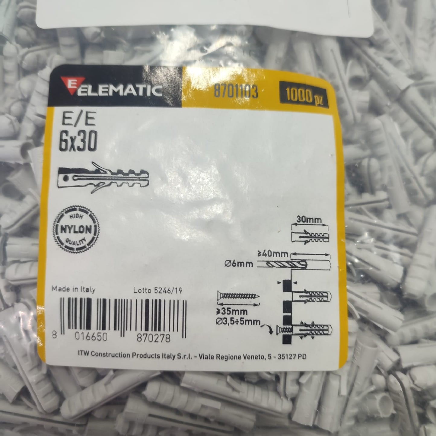 Tarugo De Expansión Nylon Elematic 8701103 E/E 6X30 Gris 1000 Unidades