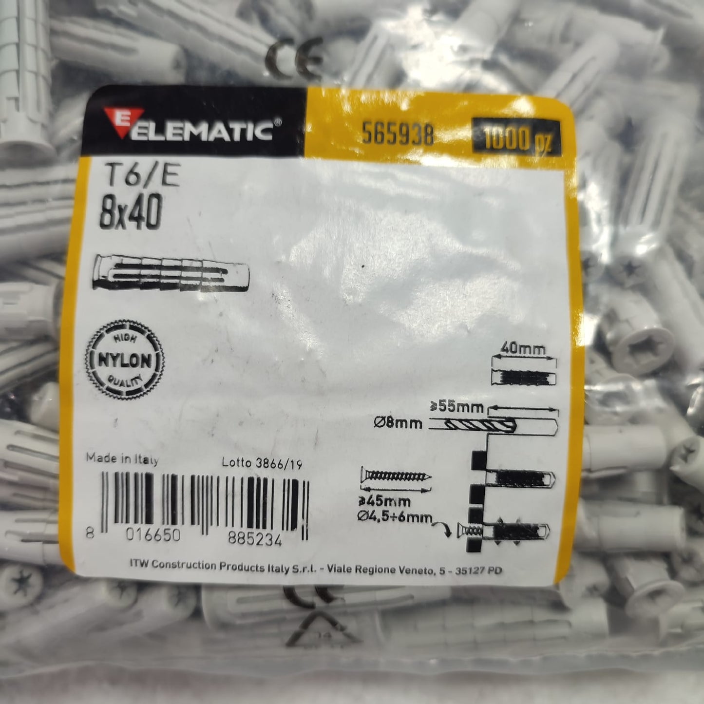 Tarugo de Expansión Nylon Elematic 565938 T6/E 8x40 Gris 1000 unidades